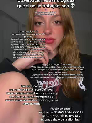 A selfie-style video cover features a woman with long, light brown hair and red lipstick centered in the frame. The text overlay includes astrological observations, and various astrological notes and interpretations are displayed in the background.