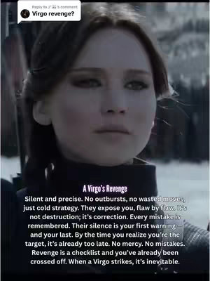 The cover image features a close-up of a woman's face, likely Jennifer Lawrence, with a serious expression. Overlayed is text detailing the characteristics of a Virgo, with a dark and dramatic tone. The composition is vertically oriented typical of social media.