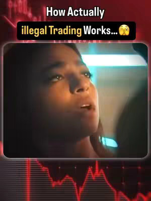 The cover image is a vertical video frame featuring a person, likely a woman, in close-up. The person is positioned in the center of the frame, with her head and shoulders visible. She has dark hair, and her facial expression is a mix of surprise and concern. Above her and partially obscured by a black box with white text, is the text 'How Actually'. The word 'illegal Trading Works' is placed at the lower half of the box. The background is blurred, suggesting a setting inside a car or similar vehicle. The overall color palette is subdued, with a mix of neutral and cool tones. The bottom part of the image contains red and white graphic elements symbolizing a fluctuating financial chart.