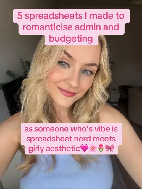A selfie-style image featuring a smiling woman with blonde hair. She is wearing a light blue top and the background is blurred. Pink text bubbles overlay the image, containing the title, and a description of the creator's 'vibe'.