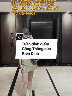 A person in a casual outfit is standing in an elevator lobby, reflecting in the doors. Text overlays provide information about astrological readings and the week's key themes.