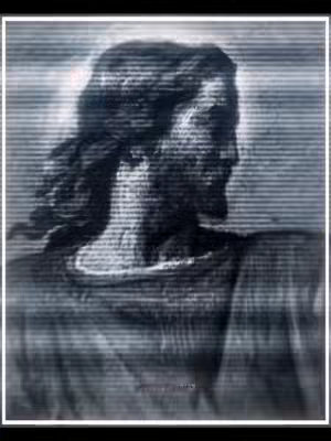 The cover image features a grayscale rendering of a profile view of Jesus Christ, presented with a digital or glitch effect. The image is set within a white frame and includes horizontal scan lines, contributing to a grainy texture, while the subject is positioned centrally.