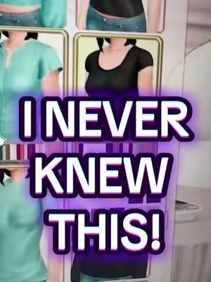 The cover image presents a vertical shot from a video game featuring the Sims 4. The central focus is a text overlay that reads 'I NEVER KNEW THIS!' in white, outlined with a purple border. The background visible through the text includes selectable clothing options for a female figure in the game.