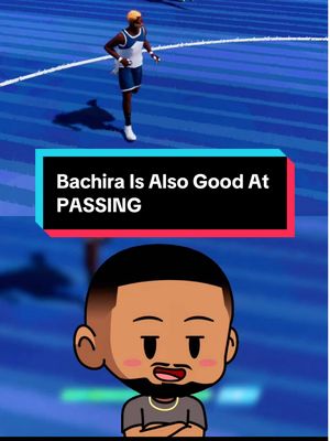 The image is a cover for a vertical-format video, combining a cartoon of a person's face with the in-game image of a soccer player. The top portion shows a person, mid-run, in a blue and white soccer uniform on a blue-green field, with white lines marking the field. A text box spans the center of the frame, colored in black with a red background, containing the text “Bachira Is Also Good At PASSING” in white, uppercase letters. At the bottom, a cartoon face of a person with black hair and a beard is depicted; they have a light skin tone, a neutral expression, and are wearing a gray t-shirt and a gold chain necklace. The background is blurred and a shade of blue similar to the field, indicating this image is likely for use on social media.