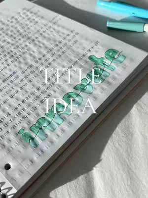 A photo of a notebook open to a page of handwritten notes. The top half of the page is filled with dense, light-colored printing, with a few lines highlighted in a light colored pen. A title is added in a cursive writing style across the page with a creative green design.