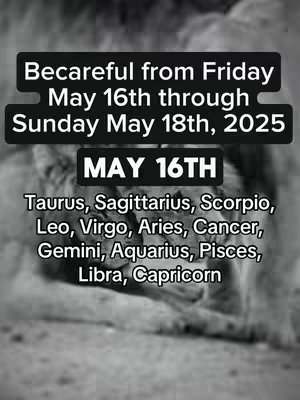 A grayscale image features a soft-focus lion's face in the background. Overlayed on the image are several black rectangular boxes with white text: "Becareful from Friday May 16th through Sunday May 18th, 2025". Below that, in a larger font, is "MAY 16TH" and under that is a list of the zodiac signs. The overall aesthetic is clean, with text clearly emphasized.