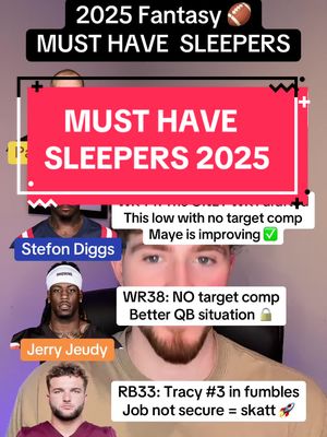 The cover image is a vertical, mobile-style graphic with a central focus on a man's face, framed by other visual elements. The top section is a banner with a black background, containing white text that reads '2025 Fantasy' and 'MUST HAVE SLEEPERS' The central part features a large red rectangle with white text proclaiming 'MUST HAVE SLEEPERS 2025'. Below, three headshots are displayed, labeled 'Stefon Diggs','Jerry Jeudy'. The man in the image, situated in the center, is looking directly at the viewer and wearing a casual outfit. Annotations with text bubbles are placed around the headshots with some brief commentary about them. The overall layout is clean and direct, with a color scheme of red, white, and varying skin tones, with accents from NFL team colors, providing a clear informational visual format.