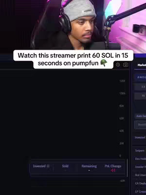 A man with a beanie, headphones, and a microphone sits in front of a computer screen displaying a trading interface. The text overlay informs the viewer about streamer operations.