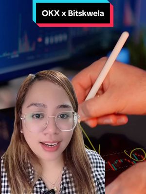A woman with glasses looks at the camera with a smile, with an digital screen and a hand holding a stylus. The text overlay says OKX x Bitskwela, in bold white letters over a colored rectangle. The background of the image is a computer screen