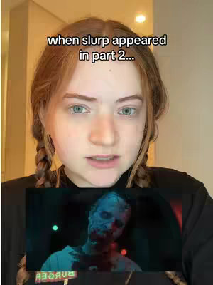A woman with blonde pigtails stares directly at the camera with a concerned expression. Overlayed on the bottom of the image is a clip of a face with a zombie-like appearance, surrounded by a dark and red background.