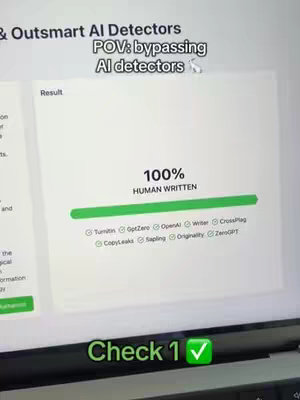 The cover image displays a computer screen showing a software interface designed to detect if a text was written by AI. The interface shows a test result with 100% human-written text and provides multiple software checks (Turnitin, OptZero, OpenAI, Writer, CrossFlag, CopyLeaks, Sapling, Originality, ZeroGPT). The screen is in a darkened room; a green check mark overlay appears on the bottom left corner.