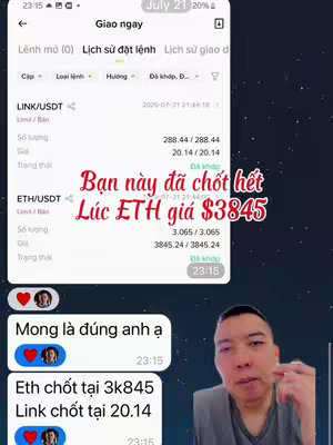 The image is a screenshot of a mobile phone screen showing a cryptocurrency trading interface and a chat conversation. The layout is divided into two main sections: on the left is a view of the trading app displaying details of open and filled orders for LINK/USDT and ETH/USDT, and on the right is a chat conversation with an image of a person's face in a round profile picture with some heart emojis. The overlayed text is composed of red highlighted text boxes drawing attention to the user's buy/sell decisions in trading.