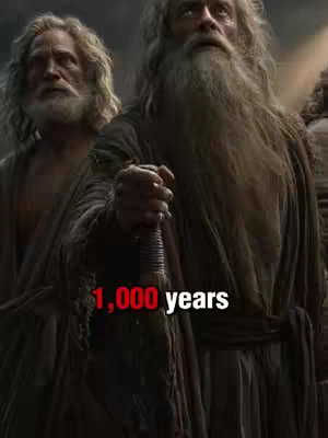 The image shows three bearded men, presumably biblical figures, with long hair and simple robes. The composition is a medium shot, focusing on the upper body of the men. The man in the center is holding a staff. The background is dark and out of focus, with a shallow depth of field that brings focus to the main figures. A text overlay in red and white is placed at the bottom of the image.
