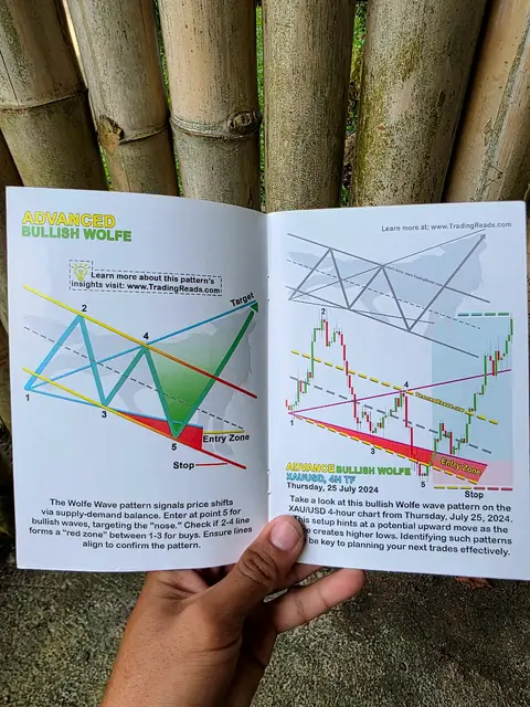 An open book is held by a hand, with a bamboo background. The book pages display a combination of text and financial charts, including diagrams of trading patterns and price movements. The color scheme of the charts involves blue, green, and red to represent different data. The overall composition suggests an educational context related to finance and trading.