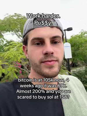 A selfie-style shot featuring a man wearing a grey cap, standing outdoors with greenery in the background. Text overlays include motivating phrases related to financial success and comparisons on crypto investments.
