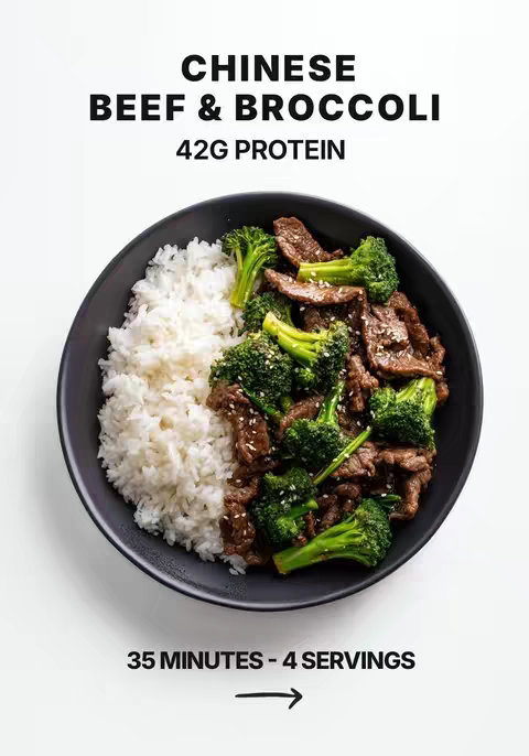 A top-down shot showcasing a serving of Chinese Beef and Broccoli in a black bowl against a white background. The bowl is filled with white rice on the left and the beef and broccoli on the right. The beef is thinly sliced and mixed with the green broccoli florets. The text overlay at the top of the image in bold, black font reads “CHINESE BEEF & BROCCOLI” on the first line and "42G PROTEIN" on the second line. At the bottom of the image, there is an arrow pointing to the right, with text "35 MINUTES - 4 SERVINGS".