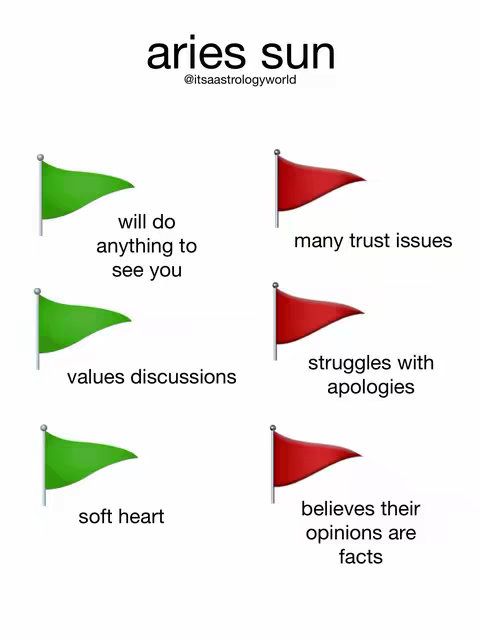 The image is a white background with a black title "aries sun" and the username @itsaastrologyworld. There are three sets of green and red flag icons with text paired to each one.