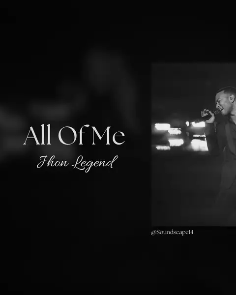 A grayscale image featuring a person singing with a microphone on the right side. On the left side, the title 'All Of Me' and the artist 'Jhon Legend' is written with a fancy font. The background is a blurred dark area.