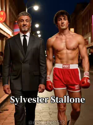 The cover image shows Sylvester Stallone in a suit and another man, presumably a younger version of Stallone, shirtless in boxing shorts. They are walking side by side. The background is a blurry street scene, likely at dusk. The text overlay reads 'Sylvester Stallone'.