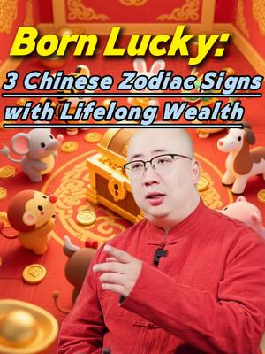 The image features a man in a red shirt at the bottom center, pointing with his right hand. Colorful animated zodiac animal characters and gold coins surround him. The background is decorated with Chinese-style elements. Bold yellow text at the top reads 'Born Lucky: 3 Chinese Zodiac Signs with Lifelong Wealth'.