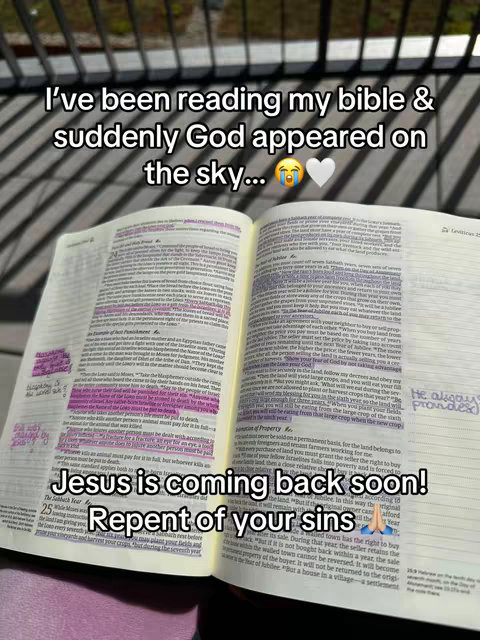 An open bible with highlighted passages is viewed from a downward angle. Overlayed on the image is text. Around the bible are hand written notes, and the background reveals outdoor elements.