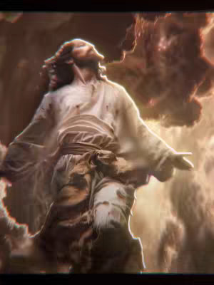 A cinematic image of Jesus Christ with outstretched arms, bathed in a celestial glow. He is dressed in a white robe with a brown sash and the background features swirling clouds.
