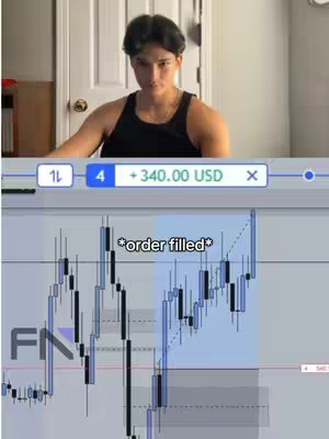The image is a split-screen. The top portion shows a young man in a black tank top looking towards the camera. The bottom portion displays a trading chart on a platform with the text '*order filled*' overlaid. The upper segment includes the platform's controls and profit display.