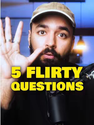 A man wearing a cap, facing the camera, with his right hand up, displaying an open hand gesture. Bold yellow text on the image states: '5 FLIRTY QUESTIONS'. A microphone is visible below.