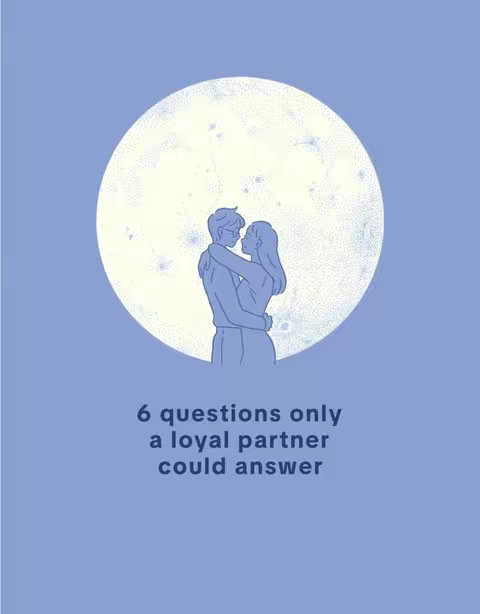 A digital illustration with a light blue background. At the center, a large, textured white circle dominates the view, appearing like the moon. Silhouetted within the circle are two hugging figures, a man and a woman shown in the style of a digital illustration. Below the circle is the overlaid text, offering a series of questions based on loyalty.