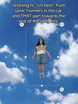 A young woman floats in the air against a blue sky dotted with white clouds. She is centered in the frame, with her arms outstretched and eyes looking upward. The text overlay indicates the video is about a song.