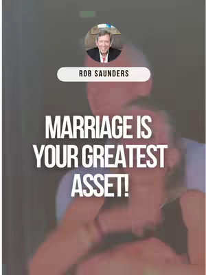 The image is a vertical composition with a medium-tone gradient background. A portrait of a smiling man in a suit and a headshot is placed at the top. The overlaying text states 'Marriage is your greatest asset!' It is a motivational and relationship-centered theme.