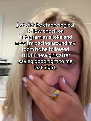 A selfie-style image with a person partially covering their mouth with their hand, showing a close-up of their face. The text overlay has a white font and the background is light.
