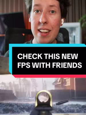 A selfie-style video with a man in the top half and a first-person shooter game displayed in the bottom half. The man is white, with short hair, and wearing a white earbud in each ear. He is looking at the camera and talking. The bottom half of the image shows the perspective of the game, which is a first-person view with the crosshairs in the center of the screen and a snowy outdoor scene in the background, with a house and trees visible.