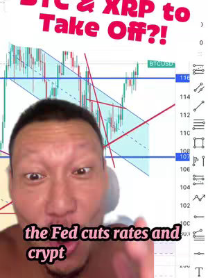 A selfie-style video cover image featuring a chart displaying cryptocurrency data, with the creator's face partially obscuring the chart. The overlay text asks if BTC and XRP will take off. The creator's face shows excitement. The background is a chart with green and red lines, suggesting market fluctuations.