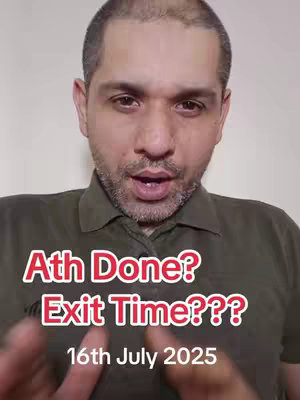 A man in an olive-green collared shirt looks directly at the camera, gesturing with both hands. Superimposed on this are text overlays that read "Ath Done? Exit Time???" along with the date of "16th July 2025". The background is a solid, neutral light color.