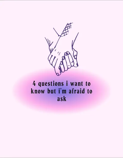 The image features a minimalist design with a light pink background. At the top, a line drawing depicts two hands holding each other, illustrating connection and support. Below this, a blurred oval shape in shades of pink and purple provides a backdrop for the text: '4 questions i want to know but I'm afraid to ask' in a sans-serif font.