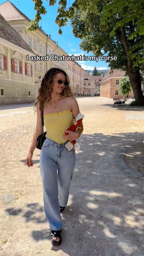 A woman with long wavy hair and sunglasses walks towards the camera on a cobblestone street. She wears a yellow top, light blue jeans, and black sandals, carrying a red object and a black bag. Background buildings are visible. A text overlay reads "I asked Chat what is my curse".
