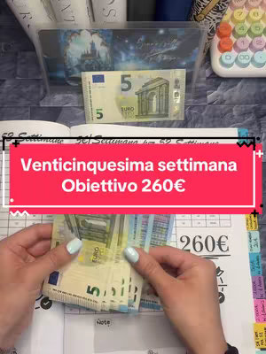 A person is holding a handful of Euro banknotes. A red banner with white text overlays the image, stating "Venticinquesima settimana Obiettivo 260€". Behind is a clear pouch with a picture inside and some organization materials.