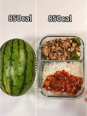 The image is organized into two vertical sections, separated by a dotted white line. On the left side, there's a whole watermelon. On the right, a divided container with a meal is shown. Above the watermelon is the text 850cal, aligned to the top-left. Similarly, the meal container also has 850cal text above it, aligned to its top-right. The meal consists of two sections, one of white rice and another of meat and a sweet sauce. The overall background is a plain white surface.