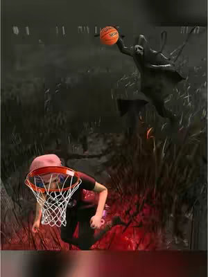 A digitally altered image from the video game Dead by Daylight. In a dark, wooded setting, a pink-haired character is positioned as a basketball hoop, with a net. A figure known as Ghostface from the game, is depicted leaping with a basketball held in his hand, seemingly attempting to score. The scene is surreal and humorous.