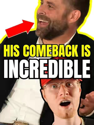 The cover image is a split composition featuring two men against a yellow background. The top portion shows a close-up of a man with a beard in shadow, and the lower part shows another man in a red cap with an open mouth and surprised expression.