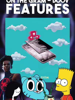 The cover image is a vibrant collage. Dominating the center is a turquoise background filled with stylized white clouds. Overlaid on the clouds are a smartphone with an abstract design and three pink heart icons above it. To the left are cartoon characters Marceline, and Gumball, and to the right are Bart Simpson along with Plankton. The top of the image features white text on a dark background.