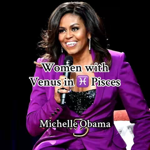 Michelle Obama, the main subject, is seen from the chest up, holding a microphone. She is smiling, with black text overlays describing women in Venus in Pisces. The background has a dark feel.