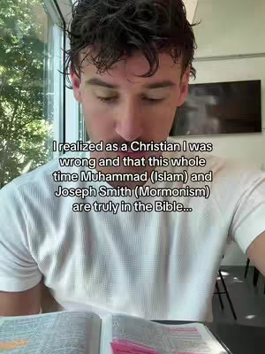A man with dark hair and a white shirt is looking down at a partially visible book. The image is lit with natural light, suggesting an indoor setting. A text overlay in white, sans-serif font describes the realization of a Christian. The overall composition is centered on the man's face, with the text overlay positioned at the top.