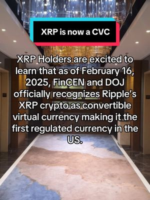 The image shows a brightly lit hallway with a decorative rug and elevator doors. A text overlay, in a box, reads "XRP is now a CVC."
