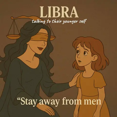 An illustration featuring two female figures set against a brown backdrop. The top text reads 'LIBRA' in a bold serif font, below which is 'talking to their younger self' in a smaller, sans-serif font. The main figures consist of a woman in a dark dress with a blindfold, and a little girl in a yellow dress. The woman touches the girl's shoulder, suggesting a guidance or advice. Below the figures is text '”Stay away from men“' in an italics font.