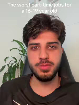 A man with dark hair and a beard stares directly into the camera. Text above his head reads "The worst part-time jobs for a 16-19 year old." Behind him are a few green leaves.