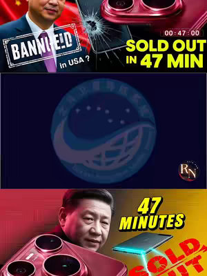 The image is a collage of several panels, each presenting distinct visual elements. The top panel features a photograph of a man against a backdrop of a Chinese flag. Text overlays read 'BANNED in USA?' and a timer indicator. A broken smartphone appears on this panel as well. The second panel has a blue gradient background with an outline logo and text. The third panel displays a picture of another man holding a phone from the same brand that is shown in the first panel.