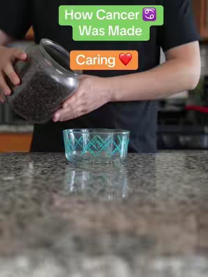The image shows a person holding a jar pouring dark material into a glass bowl. Text overlays describe details of a zodiac sign.