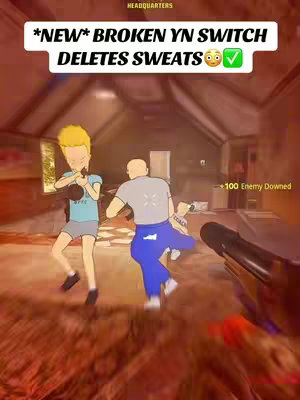 The image is a vertical composition, appearing to be a screenshot from a video game. Dominating the foreground are two animated characters resembling the animated characters Beavis and Butthead, interacting within what appears to be a game level. Above, a text overlay provides context with the words '*NEW* BROKEN YN SWITCH DELETES SWEATS', with elements signaling approval or emphasis.